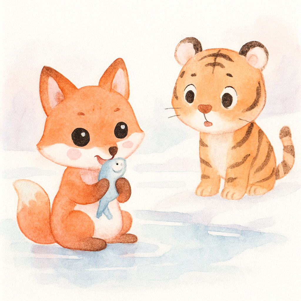 얼음 위에서 물고기를 먹고 있는 여우를 호랑이가 발견하는 장면